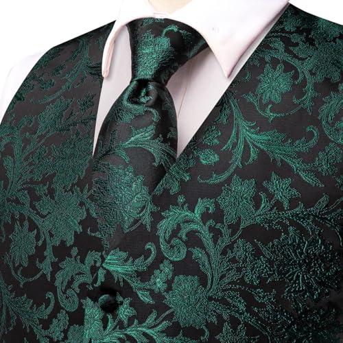 Hi-Tie Silk Mens Suit Vest Tie and Bowtie Lapel Pin Gold Tie Clip Paisley Floral Waistcoat 8PCS Set Tuxedo Wedding Party - color: Black and Green, size: Medium