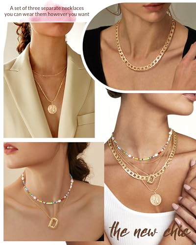 MJartoria Layered Necklaces for Women Trendy Balloon Initial Pendant Necklace Dainty Chunky Chain Beaded Choker Necklaces Jewelry Birthday Gifts - color: Gold, style: D