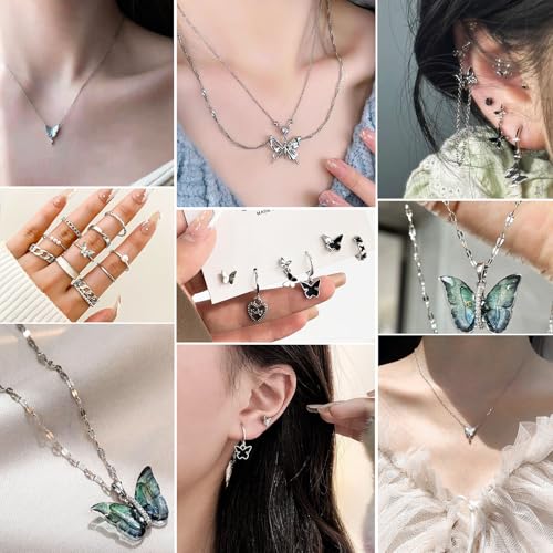 17IF 53 PCS(8 PACK) Silver Plated Jewelry Set for Women，4 Styles | with 6 Necklace 11 Ankle Bracelet 30 Kunckle Ring 6 Pair Earring Hoop Vintage Boho Pearl Birthday Travel Holiday - style: Vintage-1