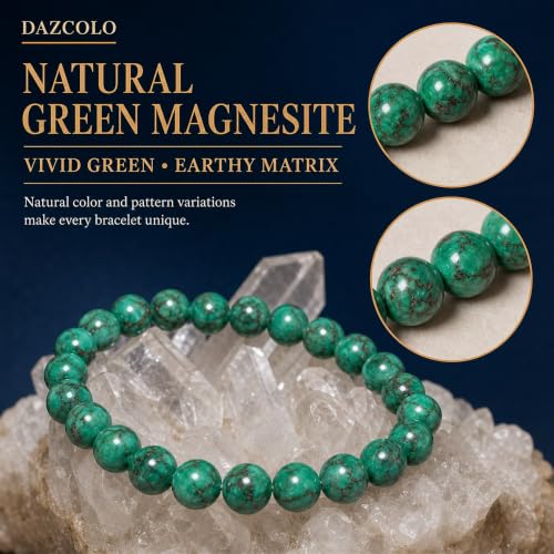 8mm Natural Crystal Stretch Bracelet | Handmade Round Stone Bead Bracelet, Runs Large, Meditation Yoga Gift for Women & Men - color: Green Magnesite Turquoise