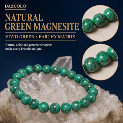 8mm Natural Crystal Stretch Bracelet | Handmade Round Stone Bead Bracelet, Runs Large, Meditation Yoga Gift for Women & Men - color: Green Magnesite Turquoise