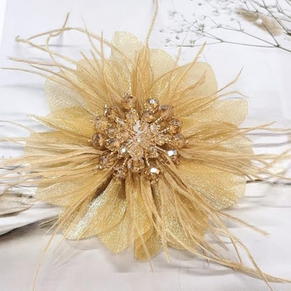 4" Crystal Feather Flower Brooch Pin for Women Girls Dainty Bright Satin Rhinestone Floral Brooches Lapel Hair Pins Elegant Wedding Cocktail Prom Party Hat Bag Suit Clothing Dress Accessories Jewelry Gift - color: Gold