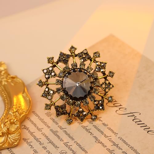 Elegant Big Crystal Ring for Women Gold Stacking Pearl Rhinestone Flower Rings Open Finger Adjustable Crystal Statement Ring Jewelry for Bridal Wedding - color: Crystal 6-black
