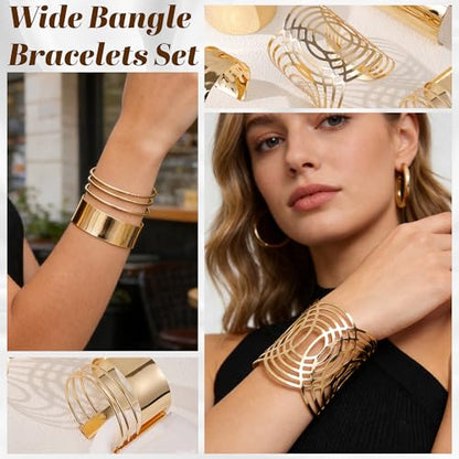 6 Pieces Upper Arm Cuff Arm Band Cuff Bangle Bracelet for Women Hammered Chunky Bracelets Open Wide Wire Bracelets Minimalist Coil Bangle Set Gold Sliver Wrist Cuff Wrap Bracelet Adjustable - color: Gold Cuff Bracelets B