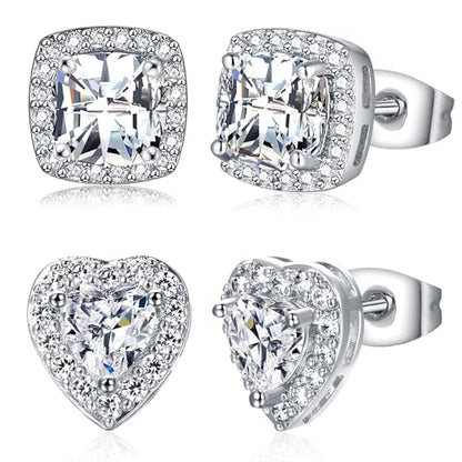MDFUN Halo Stud Earrings 18K Gold Plated Round/Square/Heart/Teardrop Cubic Zirconia Earrings Set for Women - color: A-Square/Heart