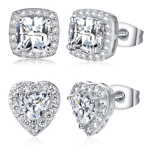 MDFUN Halo Stud Earrings 18K Gold Plated Round/Square/Heart/Teardrop Cubic Zirconia Earrings Set for Women - color: A-Square/Heart