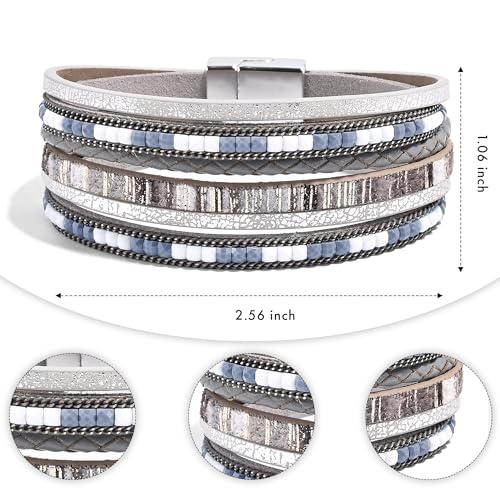 VIBILIA Boho Leather Wrap Bracelets for Women Multi-Layer Bracelets | With Strong Clasp Jewelry for Women - color: 03-BohoBraid-Gray
