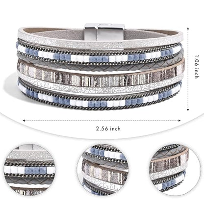 VIBILIA Boho Leather Wrap Bracelets for Women Multi-Layer Bracelets | With Strong Clasp Jewelry for Women - color: 03-BohoBraid-Gray