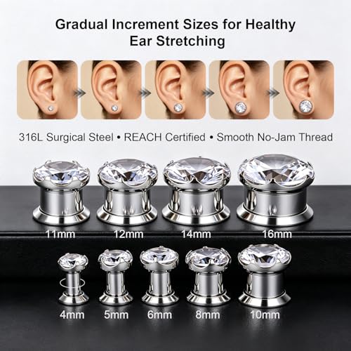 ZS 316L Stainless Steel Screw-Fit Ear Tunnel AAA+ Cubic Zirconia Ear Gauges | External Threaded Flesh Tunnels Plugs Ear Expander Stretcher Piercing Jewelry for Women Men - color: Silver, size: 2g(6mm)