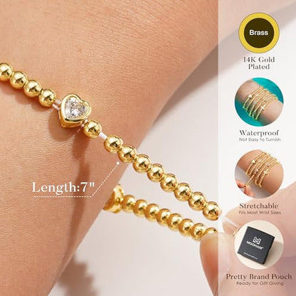 M MOOHAM Gold Beaded Charm Bracelets for Women Girls Non Tarnish | 14K Gold Plated, Dainty CZ Heart Smile Face Cross Charm Stretch Bead Bracelet for Women Teenage Teen Girls - color: Heart CZ