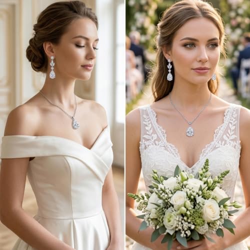 Teardrop Wedding Jewelry Set for Women, Silver Necklace and Earrings Set, Cubic Zirconia Bridal Jewelry for Bride Bridesmaid Prom Party