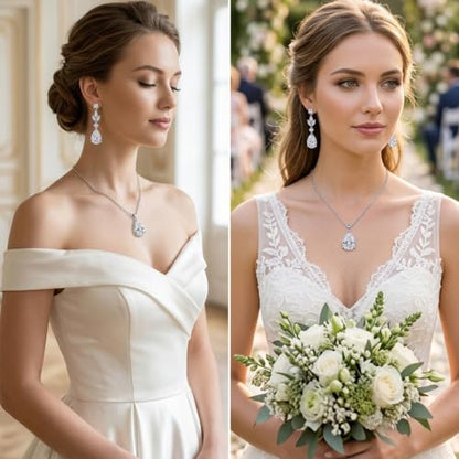 Teardrop Wedding Jewelry Set for Women, Silver Necklace and Earrings Set, Cubic Zirconia Bridal Jewelry for Bride Bridesmaid Prom Party