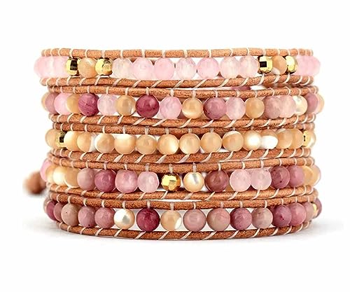 Boho Wrap Bead Bracelet for Women - Handmade Adjustable Natural Stone Beaded Bracelets Yoga Healing Bracelet Bangle Hippie Jewelry - color: Pink