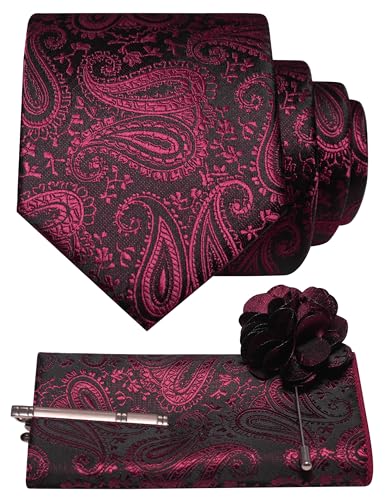 JEMYGINS Mens Paisley Tie and Lapel Pin Necktie Pocket Square and Tie Clip with Sets for Business Casual 4PCS - color: Maroon
