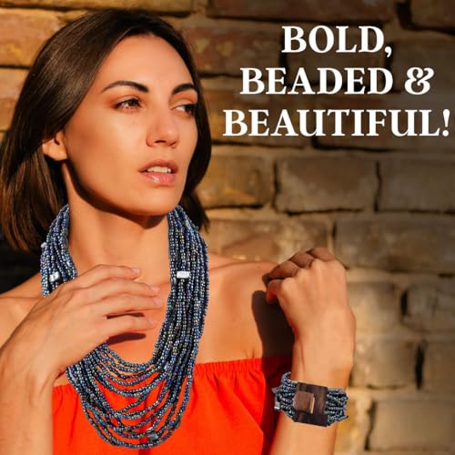 Shop LC Seed Bead Necklace Bracelet Set Boho Jewelry for Women | Multi Layered Boho, Wooden Clasp, 18 Inch Necklace, Stretchable Bracelet - color: Peacock