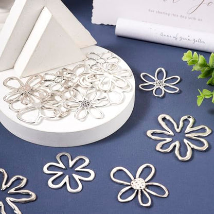 14Pcs Hollow Flower Charms Pendants Antique Silver Floral Connector Charms Flower Theme Alloy Open Back Bezel Frame Charm for UV Resin Pressed DIY Necklace Bracelet Jewelry Making