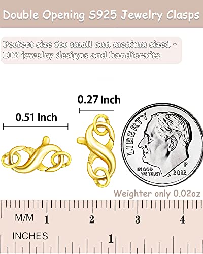 Dailyacc S925 Double Opening Lobster Clasp Sterling Silver and Gold Necklace Bracelet Extender Clasps and Closures for DIY Jewelry - color: Gold 2PCS, size: 13mm × 7mm