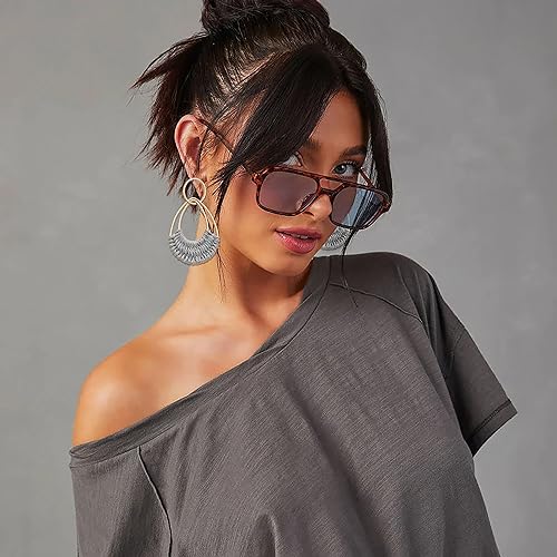 Raffia Hoop Earrings for Women Fun Boho Summer Beach Earrings Lightweight Handmade Straw Wicker Rattan Dangle Earrings Statement Geometric Round Drop Earrings - color: Grey - Teardrop