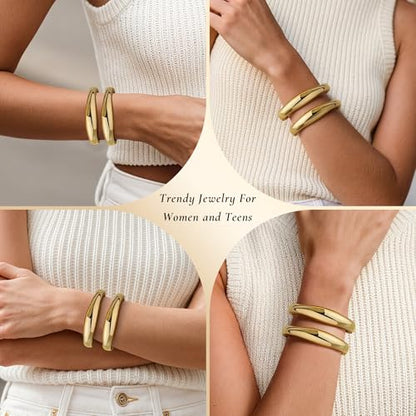 Gold Bangle Bracelets for Women Cuff Stackable Waterproof Non Tarnish Bracelet Stack Silver Plated 14k Chunky Bangles Jewelry Set for Woman - style: Style 5