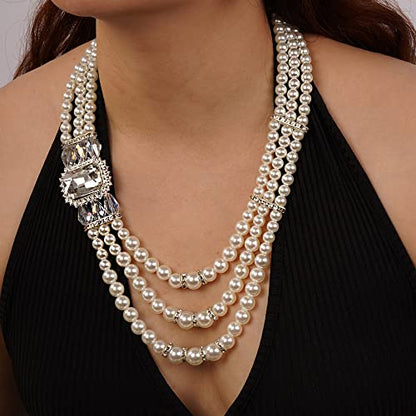 Aimimier 1920s 3-layered White Faux Pearl Necklace and Earrings Set with Crystal and Rhinestone Bridal Long Pearl Necklace Statement Women Jewelry - color: Crystal