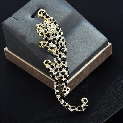 Luxury Crystal Tiger Brooch Pins for Women Men Vintage Gold-Tone Climbing Black Spots Leopard Brooch Fashion Panther Cougar Pin Suit Jackets Coat Animal Jewelry Gift - style: Crystal Leopard