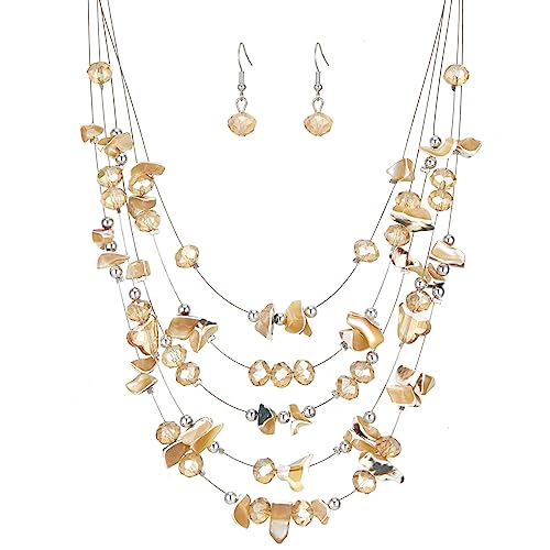 Multi-Layer Boho Shell Beaded Necklace for Women Colorful Crystal Strand with Silver Beads Statement Collars Necklace and Earrings Costumes Jewelry Sets for Women - color: 45-Champagne