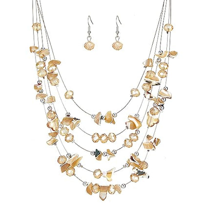 Multi-Layer Boho Shell Beaded Necklace for Women Colorful Crystal Strand with Silver Beads Statement Collars Necklace and Earrings Costumes Jewelry Sets for Women - color: 45-Champagne