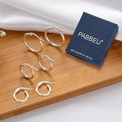 PABBEU 925 Sterling Silver Small Hoop Earrings Set for Women Hypoallergenic | 3Pairs Cubic Zirconia Small Huggie Hoop Earrings Set 13/15/20mm,Nickel-Free Lightweight Comfortable Sleeper Earrings Gift Set - color: 13/15/20mm T Silver