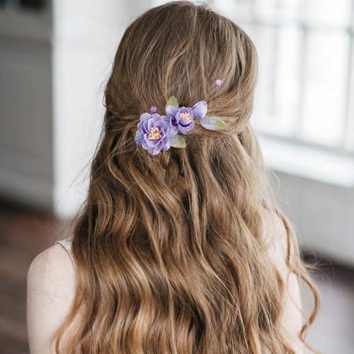 Wedding Hair Clips, Crystal Hair Pins Pearl Rhinestone Hair Barrettes, Bridal Flower Hair Pieces Pearl Headpieces Hair Accessories for Women Girls (Purple&Green) - color: Purple&Green