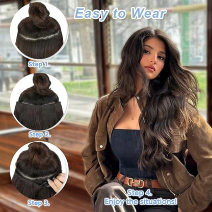 Dark Brown Halo Hair Extensions 20 Inch Synthetic Hair for Women | Wavy Texture with Invisible Wire and 4 Secure Clips for Easy Daily Styling Party Wear and Added Length - color: Dark Brown