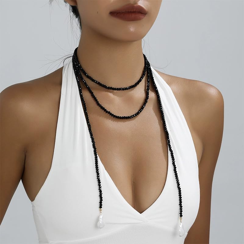 Long Green Beaded Lariat Necklace for Women Slip Tie Adjustable Wrap Around Black Beads Choker Baroque Long Pearl Drop Pendant Y Shaped Lariat Necklace Jewelry - color: Black