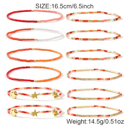Gold Seed Beaded Bracelets Set for Women, Boho Handmade Friendship Stretch Summer Beach Jewelry Gift. - color: Fall Orange