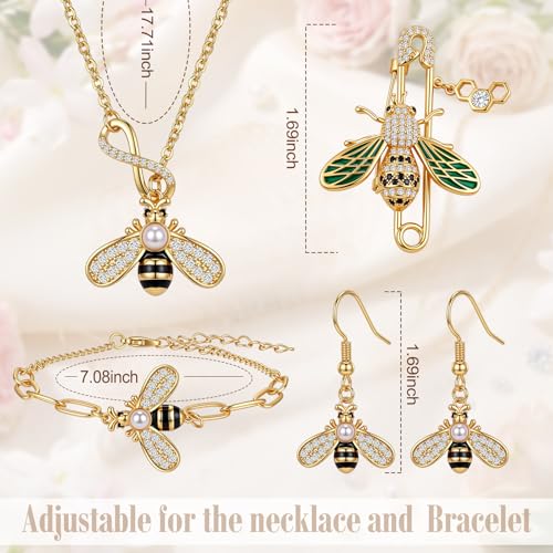 Sureio 4 Pcs Bee Jewelry Gift Set for Women, Yellow Gold Crystal Copper Bee Earrings, Bracelet, Necklace and Brooch Pin for Animal Jewelry Accessory Gift for Women