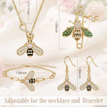 Sureio 4 Pcs Bee Jewelry Gift Set for Women, Yellow Gold Crystal Copper Bee Earrings, Bracelet, Necklace and Brooch Pin for Animal Jewelry Accessory Gift for Women