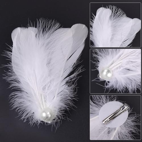 White Feather Headpiece and Swan Headpiece, Elegant Faux Plume Ballet Costume Accessories for Women, Pearl Decorative Feather Hair Clip Set for Wedding Prom, 2 Pcs