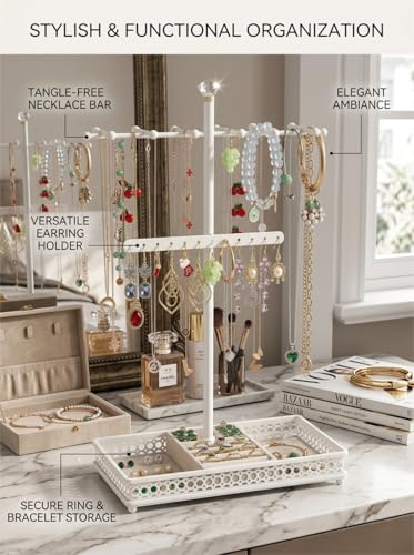 Meangood Jewelry Organizer Stand, 15.6" H Jewelry Tree Display Holder Stand for Bracelets Necklaces Earrings Rings, Gift for Women Girls (White) - color: White