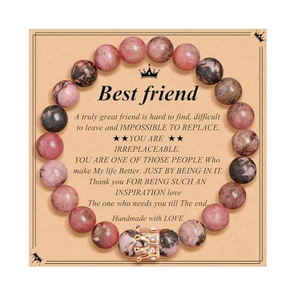 JoycuFF Woman Birthday Gifts Idea Friendship Gifts For Women Best Friends Besties Aunt Female Mom Daughter Granddaughter Gf Anniversary Christmas Graduation Healing Stone Crown Gifts For Her - style: 4.Best Friend Bracelet-Pink Black Rhodonite