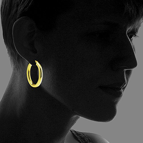 Hoops & Loops 925 Sterling Silver 4.5mm Thick Oval Diamond-Cut Hoop Earrings, 25mm 30mm, Silver, Yellow Gold, Rose Gold & Black - color: Yellow Gold 25mm-1''