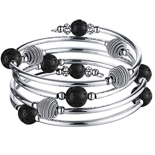 PEARL&CLUB Beaded Chakra Bangle Turquoise Bracelet - Fashion Jewelry Wrap Bracelet with Thick Silver Metal and Mala Beads, Birthday Gifts For Women - color: 63-Lava Black