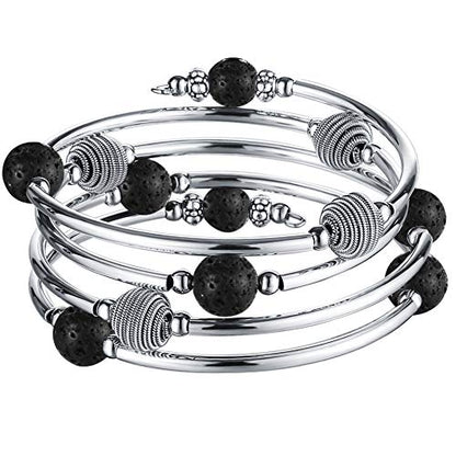 PEARL&CLUB Beaded Chakra Bangle Turquoise Bracelet - Fashion Jewelry Wrap Bracelet with Thick Silver Metal and Mala Beads, Birthday Gifts For Women - color: 63-Lava Black