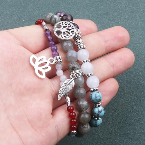 Tree of Life Yoga Healing Stone Bracelets,Multilayer Lotus Chakra Stone Reiki Bracelet Sets,Anxiety Crystal Natural Stone,for Women Stress Relief - style: Chakra+White labradorite