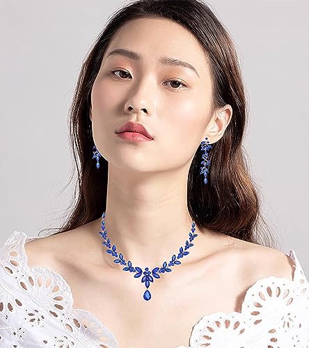 CSY Elegant Bridal Jewelry Sets Wedding Prom Homecoming Gown Accessories | Austrian Marquise Crystal Wedding Necklace Dangle Earrings Tennis Bracelet Ring Set for Bride Women Costume Accessories - color: royal blue-gold tone