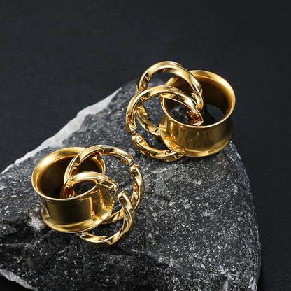 1 Pair Basic gauges+2 twisty rings Ear Tunnels Plugs 316 Stainless Steel Ear Gauges Weight Saddle Plugs Hypoallergenic expander Piercing Body Jewelry 00g 0g-1'' - color: Twisty-Gold, size: 16 mm
