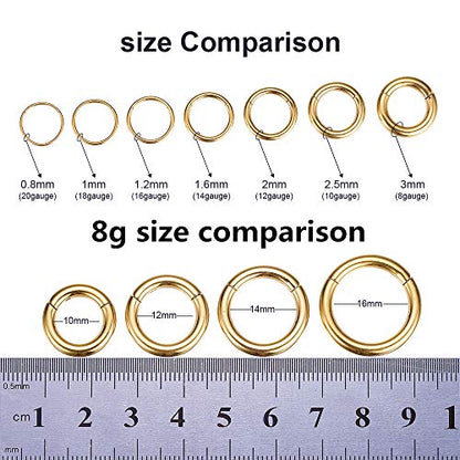 ORANGELOVE Hypoallergenic Nose Rings 20G 18G 16G 14G 12G 10G 8G 316l Surgical Steel Septum Jewelry Hinged Segment Ring Body Piercing Nose Hoop Lip Rings Nose Helix Cartilage Rook Earrings - color: Gold, size: 1pc 8 Gauge 12mm