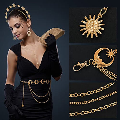 Glenmal 4 Pieces Celestial Jewelry Moon Stars Crown Necklaces and Body Chain Headband Drop Earrings for Women - color: Gold