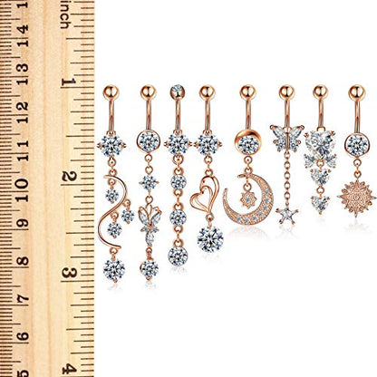 Hicarer 8 Pieces 14G Belly Button Rings Steel Long Dangle Navel Ring CZ Body Piercing Jewelry - color: Rose Gold