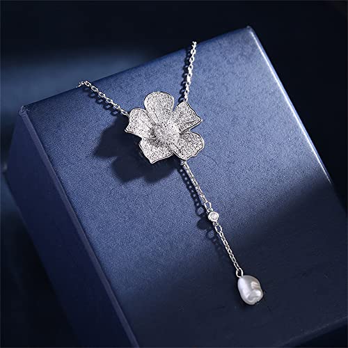 Crystal Flower Drop Y Necklace for Women Cubic Zirconia Diamond Shell Pearl Charms Pendant Choker Chain Adjustable Fashion Shiny Wedding Birthday Anniversary Jewelry Gift Box