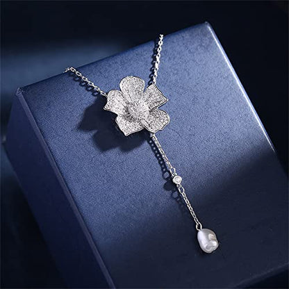 Crystal Flower Drop Y Necklace for Women Cubic Zirconia Diamond Shell Pearl Charms Pendant Choker Chain Adjustable Fashion Shiny Wedding Birthday Anniversary Jewelry Gift Box