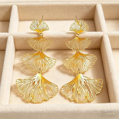 Gold Statement Earrings For Women, 14K Gold Plated Textured Geometric Drop Earrings - Hypoallergenic Stainless Steel Statement Earrings for Women, Waterproof Fan-Shaped Dangle Earrings for Beach & Daily Wear - color: Ginkgo Leaf DKE252038GL
