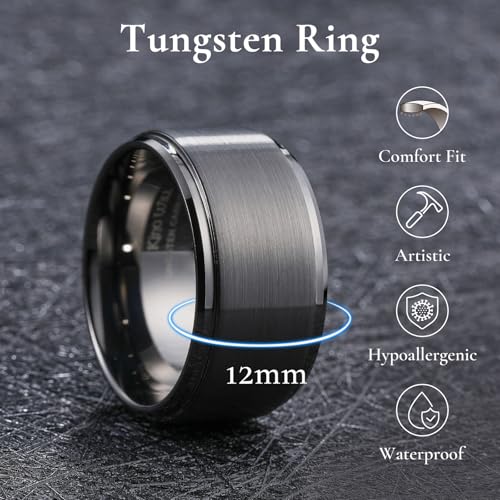 King Will Classic Tungsten Wedding Band for Men, 6/7/8/9/10mm Widths, Polished Finish Step Edge Matte Rings Comfort Fit - color: D-gunmetal 12mm